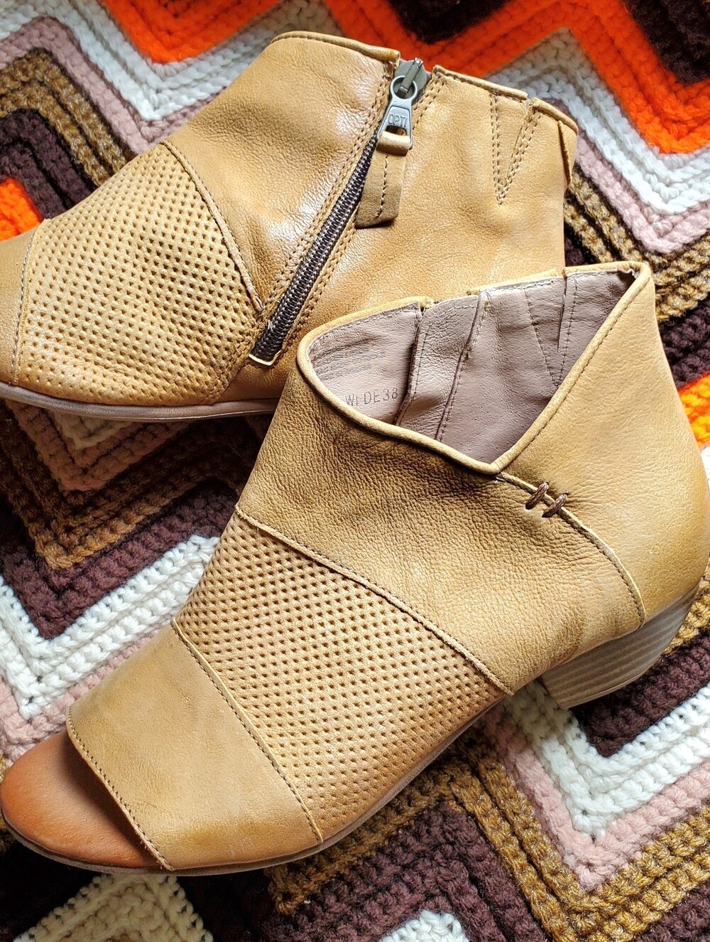 Miz Mooz Clermont Leather Peep Toe Ankle Bootie Tan Perforated Size 38